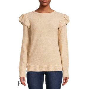 Time and Tru Flutter Sleeve Crewneck Sweater Tan Women’s Small NWT Long Sleeve